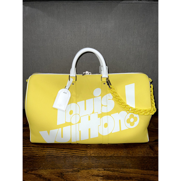 Louis Vuitton Keepall Bandouliere 50 Yellow White Exclamation Weekend Travel Bag - Picture 2 of 12